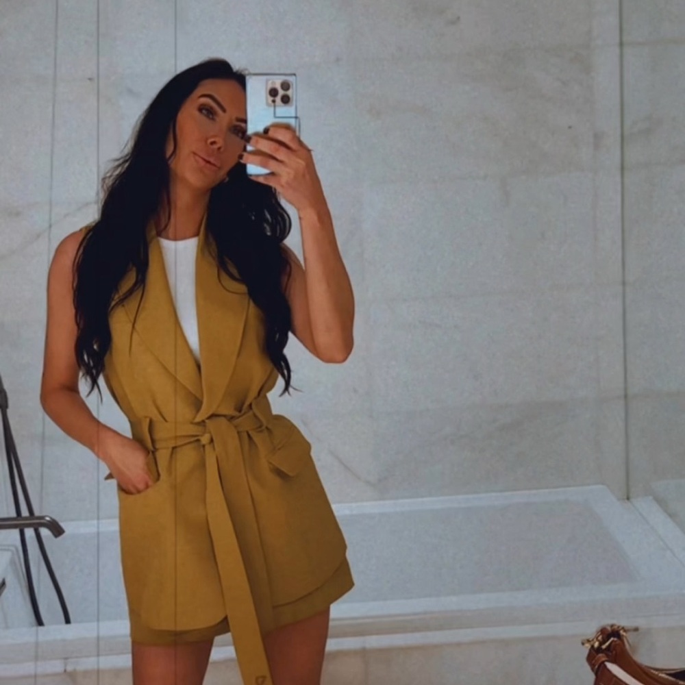 Stylish Mustard Sleeveless Belted Vest with shorts .
